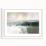 Framed abstract landscape wall art featuring soft pastel colors and intricate patterns, set in a sleek white mat for modern home decor enhancement.