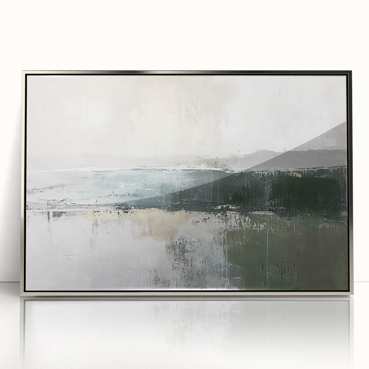 Framed abstract landscape wall art featuring vibrant colors of blue, green, and silver, showcasing a modern design perfect for contemporary home decor.