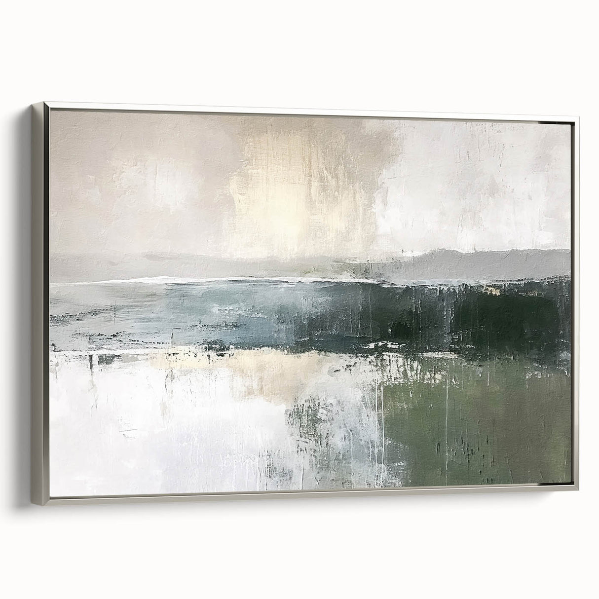 Framed abstract landscape wall art featuring calming silver tones, elegantly displayed with a sleek side view, perfect for modern home decor.