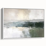 Framed canvas art piece showcasing an abstract landscape design with soft pastel colors and a modern aesthetic, displayed from a white side view for contemporary decor.