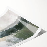 Abstract landscape wall art print showcasing vibrant blue and green hues with textured brush strokes, rolled and packaged in a protective cardboard tube for display.