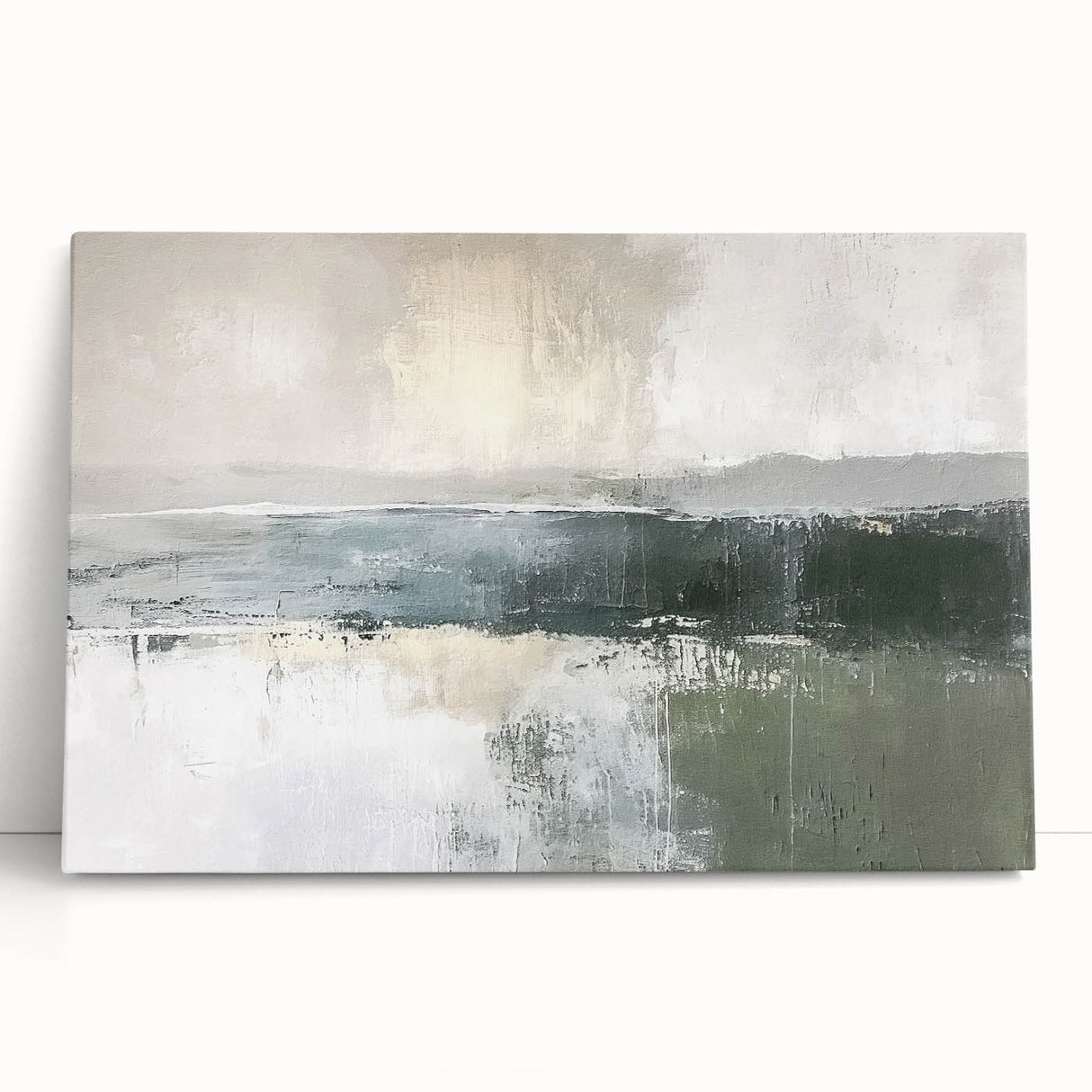 Abstract landscape wall art on stretched canvas, featuring vibrant colors and fluid shapes, leaning against a modern backdrop, perfect for contemporary decor.