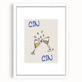 Abstract art print featuring swirling blue and gray tones on a white framed canvas.