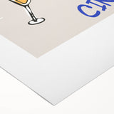 Art deco poster featuring an assortment of beverages in bold black and gold tones on a rolled canvas.