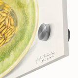 Close-up of large abstract fruit-themed acrylic print in mid-century modernist style, ideal for dining room art.