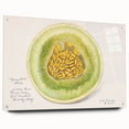Large abstract wall art featuring assorted fruits in vibrant colors on acrylic glass, ideal for dining room decor.