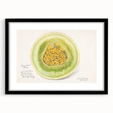 Extra large abstract art print of colorful, textured fruits on a black framed canvas, ideal for living room decor.