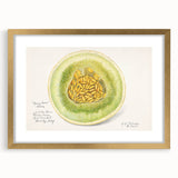 Extra large abstract art print featuring textured fruits in vibrant colors, framed in gold, ideal for living room decor.