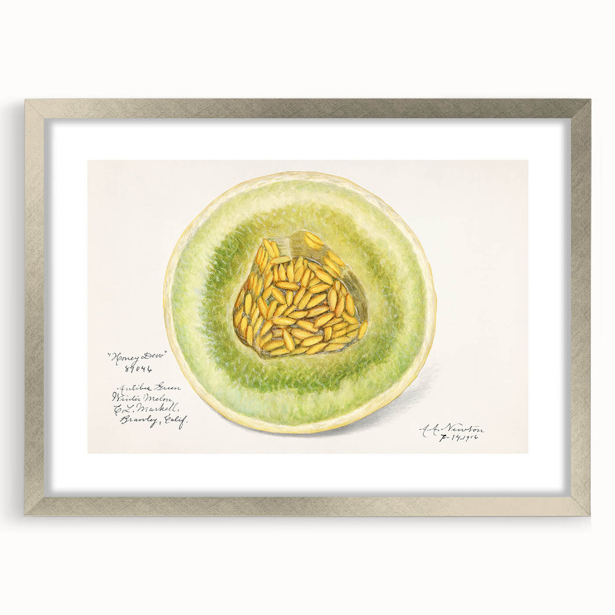 Textured art depicting abstract fruit shapes in vibrant colors on a silver-framed mat, ideal for bedroom art.