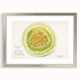 Textured art depicting abstract fruit shapes in vibrant colors on a silver-framed mat, ideal for bedroom art.