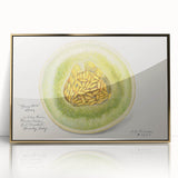 Large art print of assorted fruits in bold colors on a framed acrylic, styled in mid-century modernist art.