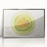 Mid-century modernist art featuring an array of fruits in vibrant colors on a silver-framed acrylic.