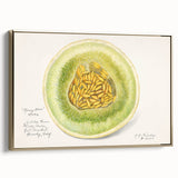 Framed canvas of vintage poster art featuring a landscape of various fruits in dark hues, ideal for bedroom wall decor.
