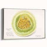 Framed canvas featuring a vintage poster of colorful fruit assortment on a black background, ideal for kitchen wall decor.