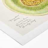 Art deco poster featuring an array of fruits in bold colors on a rolled canvas, suitable for dining room decor.