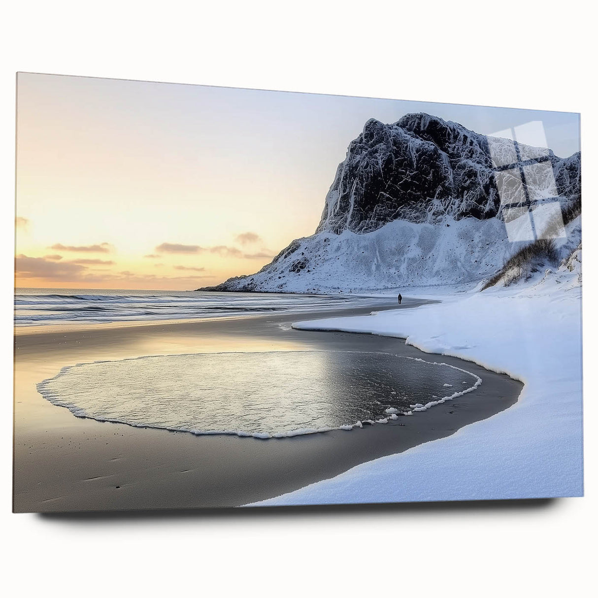 Acrylic glass artwork showcasing a serene beach landscape in vibrant colors, side view without pins, ideal for coastal-themed decor and modern art enthusiasts.