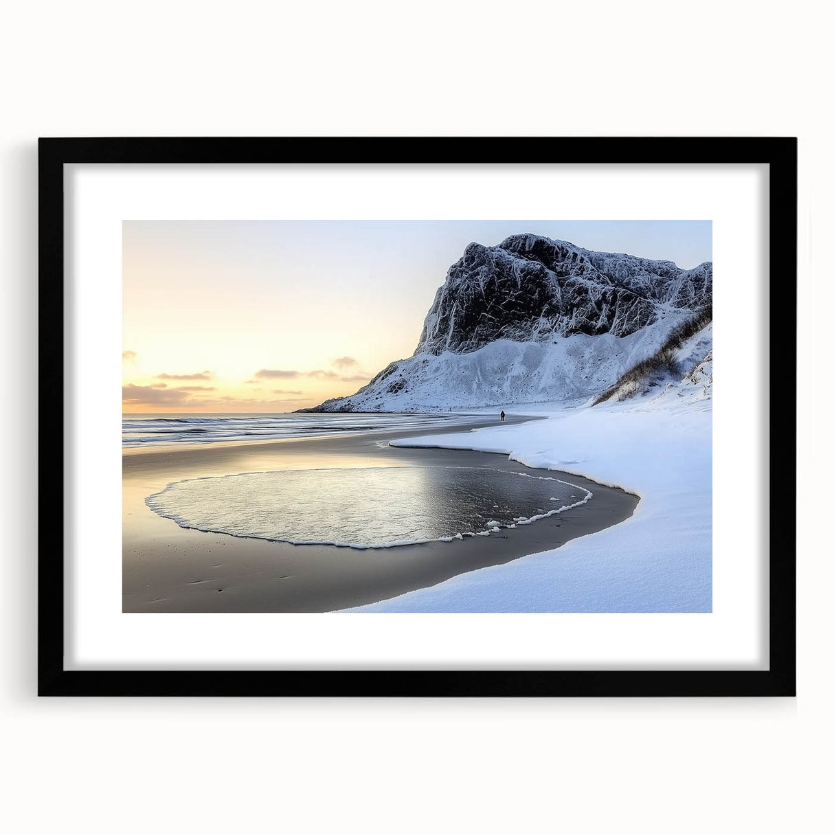 Black-framed landscape artwork depicting serene beaches, complete with a mat for added depth, ideal for enhancing coastal-themed home decor.