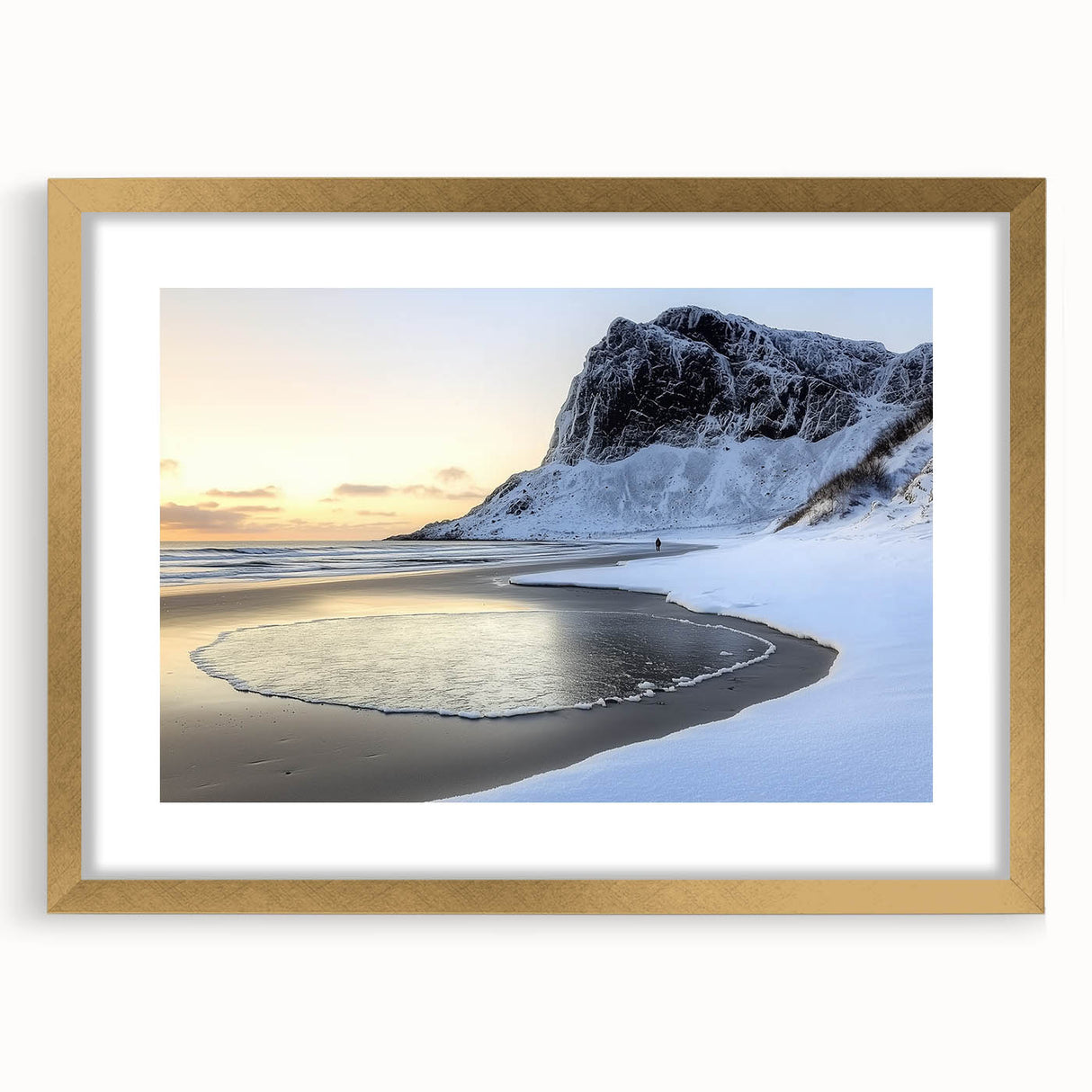 Landscape wall art featuring serene beach scene framed in gold with a white mat, showcasing vibrant colors and calming ocean waves, ideal for home decor.