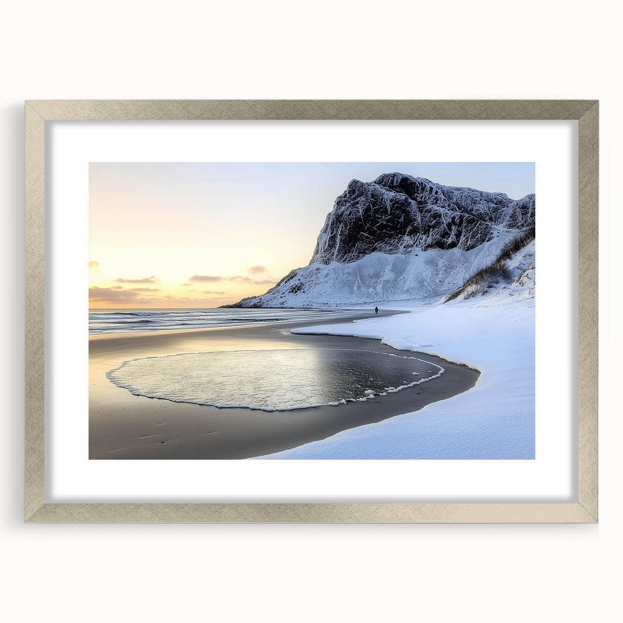 Silver-framed landscape artwork depicting serene beaches with soft waves and blue skies, elegantly matted for a polished presentation, perfect for coastal decor.