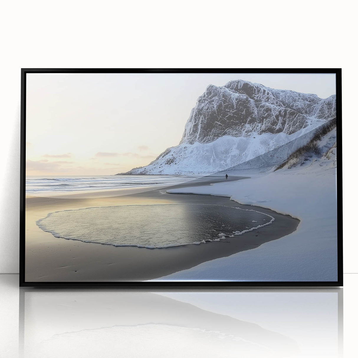 Framed acrylic artwork showcasing a serene beach landscape with vibrant blue waters and golden sand, designed to enhance coastal-themed decor.