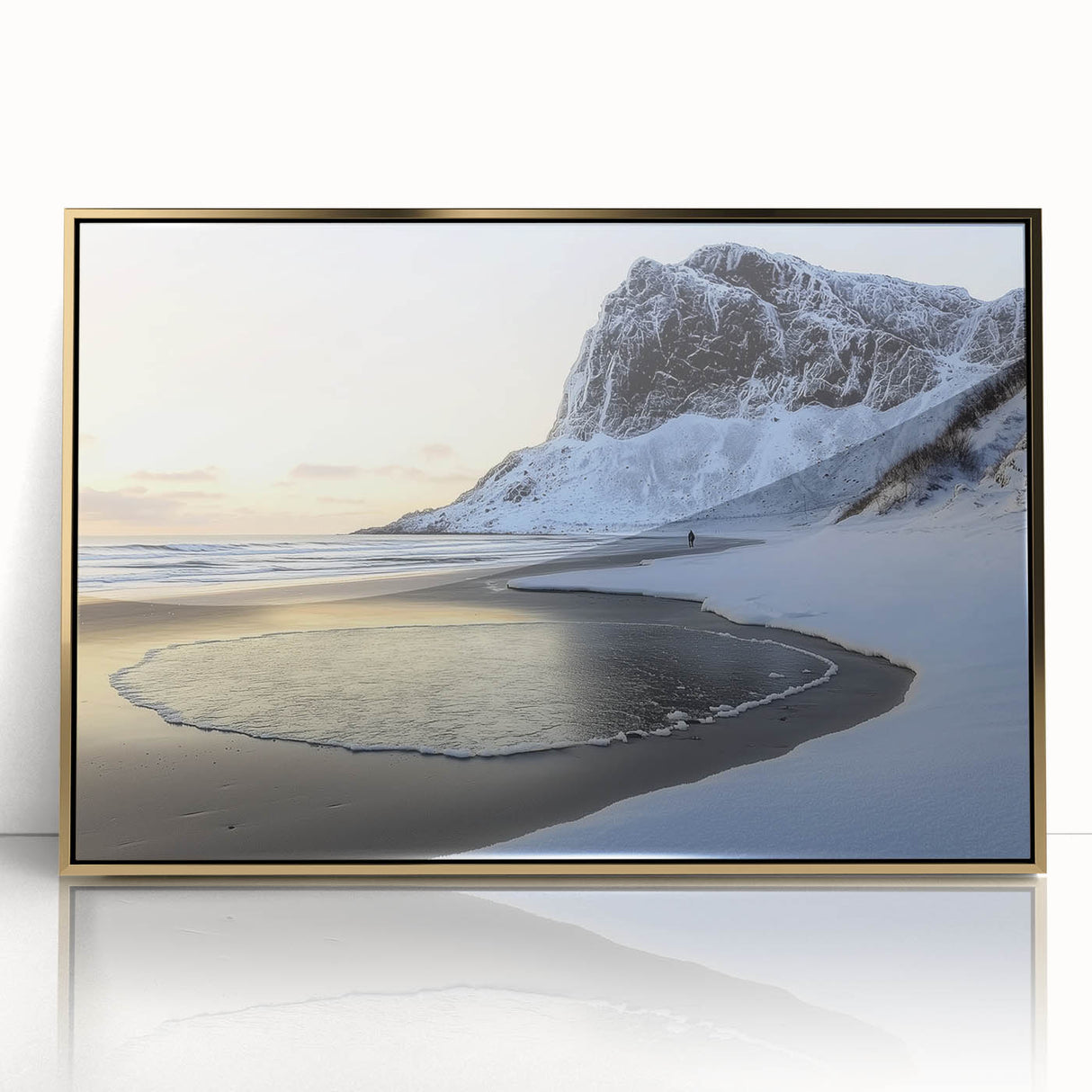 Framed acrylic artwork depicting a serene beach landscape with vibrant colors and gold accents, perfect for enhancing modern home decor. Ideal for beach lovers.