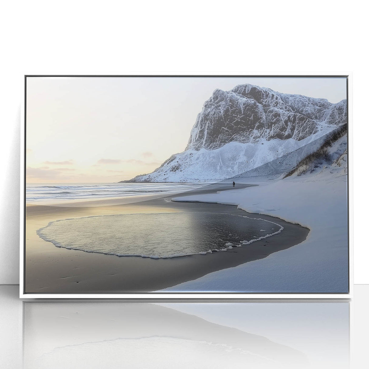 Framed acrylic artwork depicting a serene beach landscape with soft waves and a clear sky, highlighting vibrant colors and tranquil scenery, perfect for coastal decor.