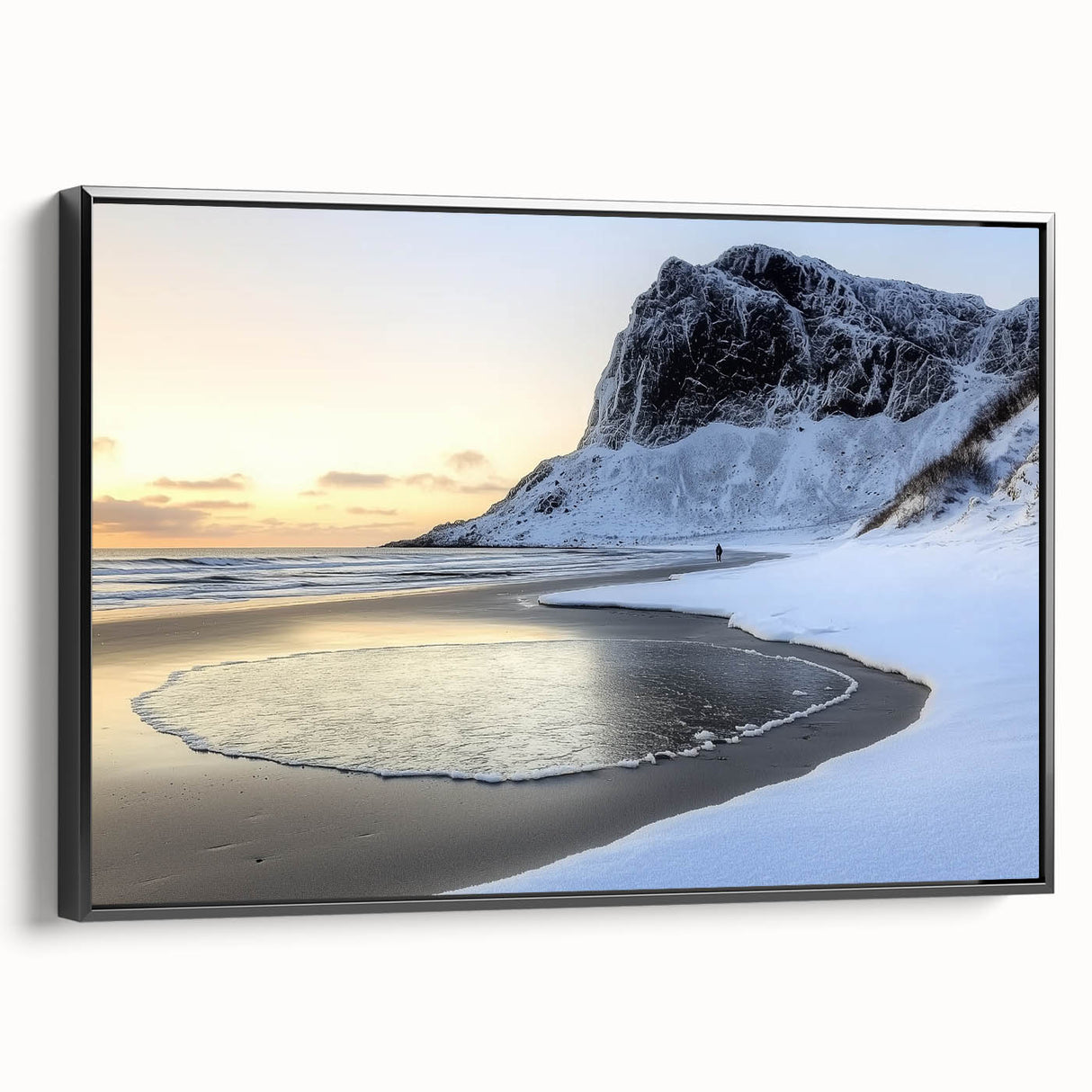 Framed landscape canvas showcasing a serene beach scene with vibrant colors, featuring black edges and a side view that highlights its depth and texture. Ideal for coastal home decor.