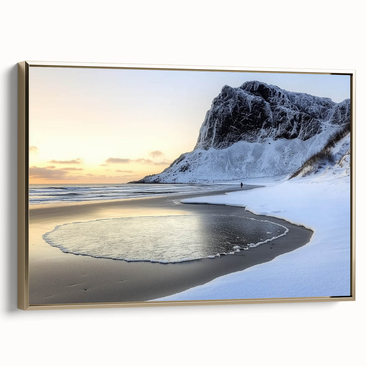 Framed canvas artwork showcasing a serene beach landscape with vibrant colors and a gold frame, perfect for enhancing home decor and creating a calming atmosphere.