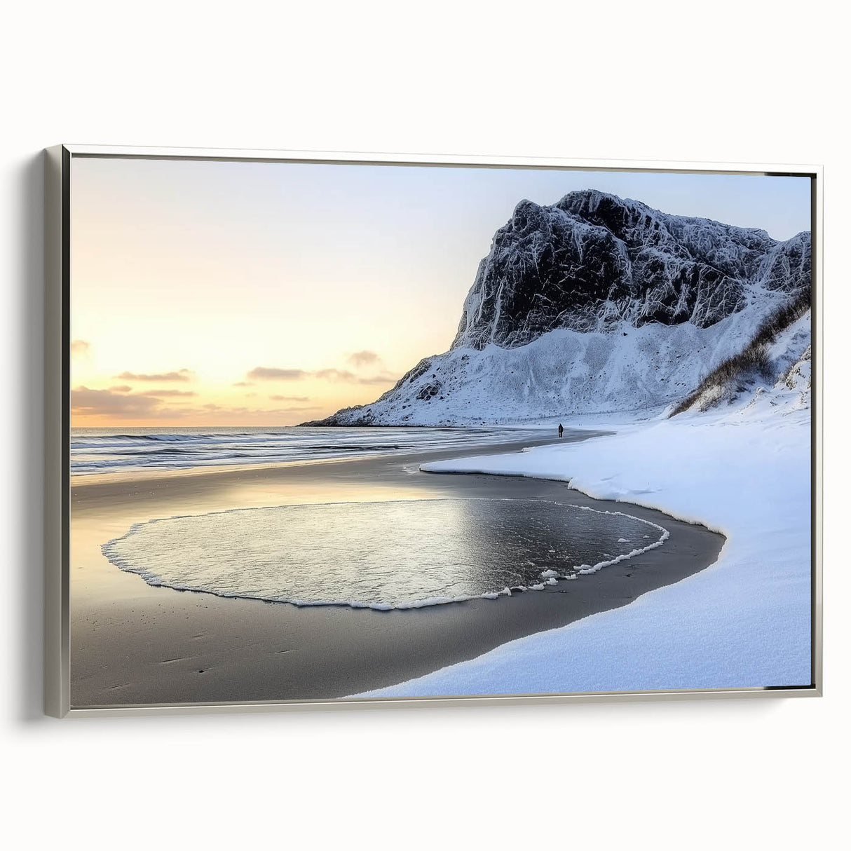 Framed canvas artwork showcasing a serene beach landscape with silver accents, offering a tranquil coastal vibe for home decor, viewed from the side.