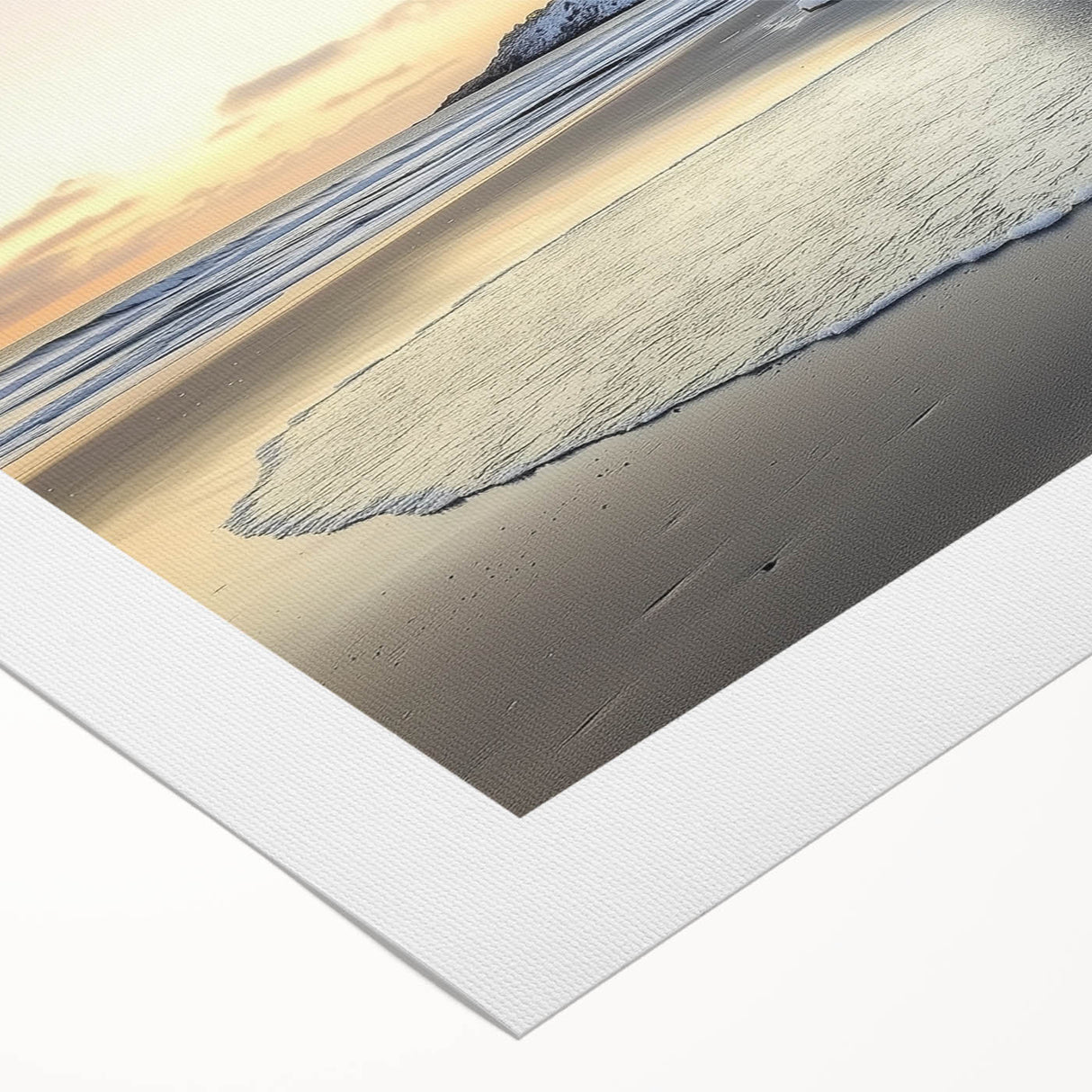 Vibrant rolled canvas featuring a serene beach landscape with golden sands and turquoise waters, ideal for home decor and relaxation themes, securely packaged for delivery.