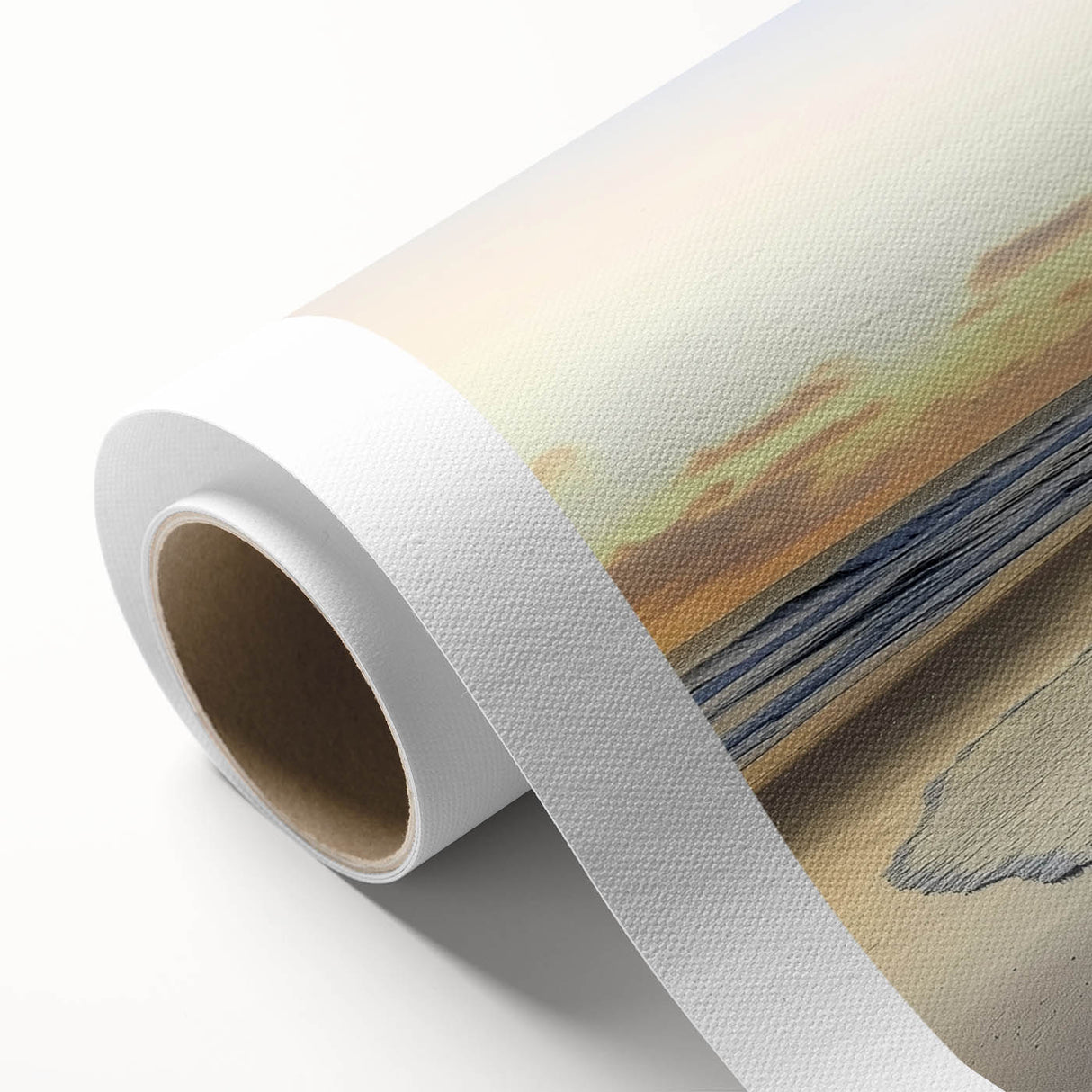 Vibrant rolled canvas print showcasing a serene beach landscape with soft waves and golden sand, packaged securely in a protective cardboard tube for safe delivery.