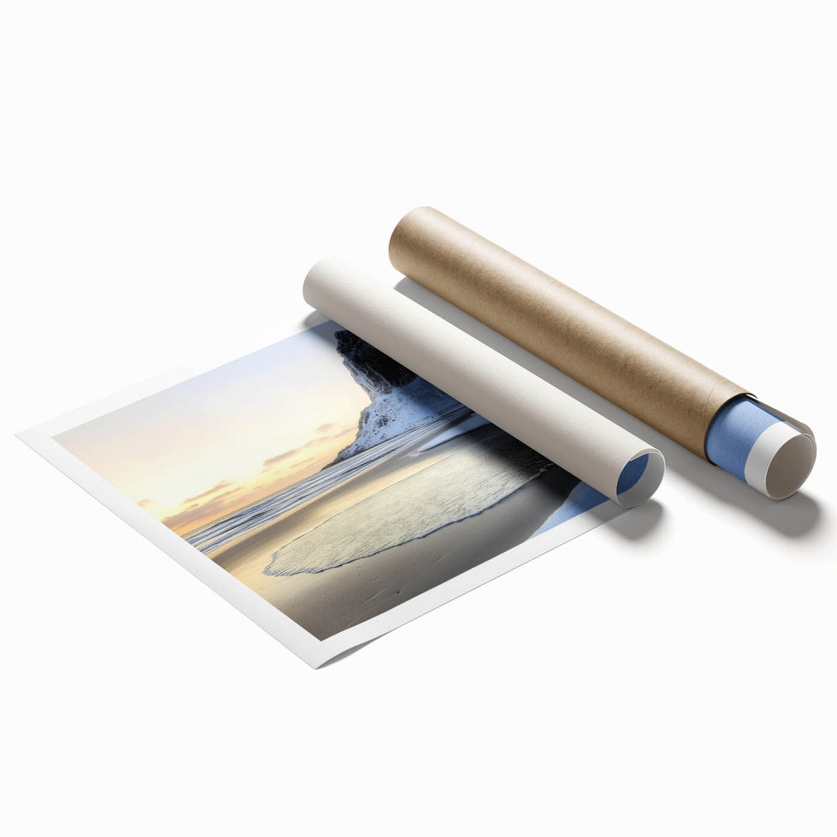 Vibrant rolled print of a serene beach landscape, showcasing soft waves, gentle sand dunes, and a colorful sunset, perfect for coastal home decor.