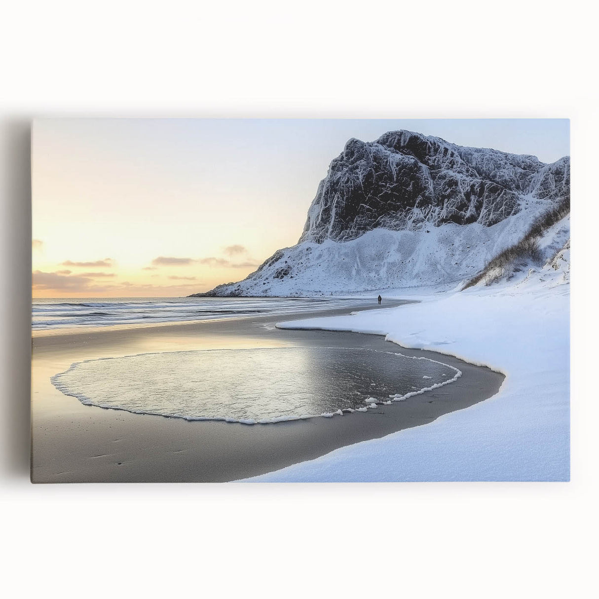 Vibrant stretched canvas artwork depicting a serene beach landscape at sunset, showcasing vivid colors and gentle waves, ideal for coastal home decor.