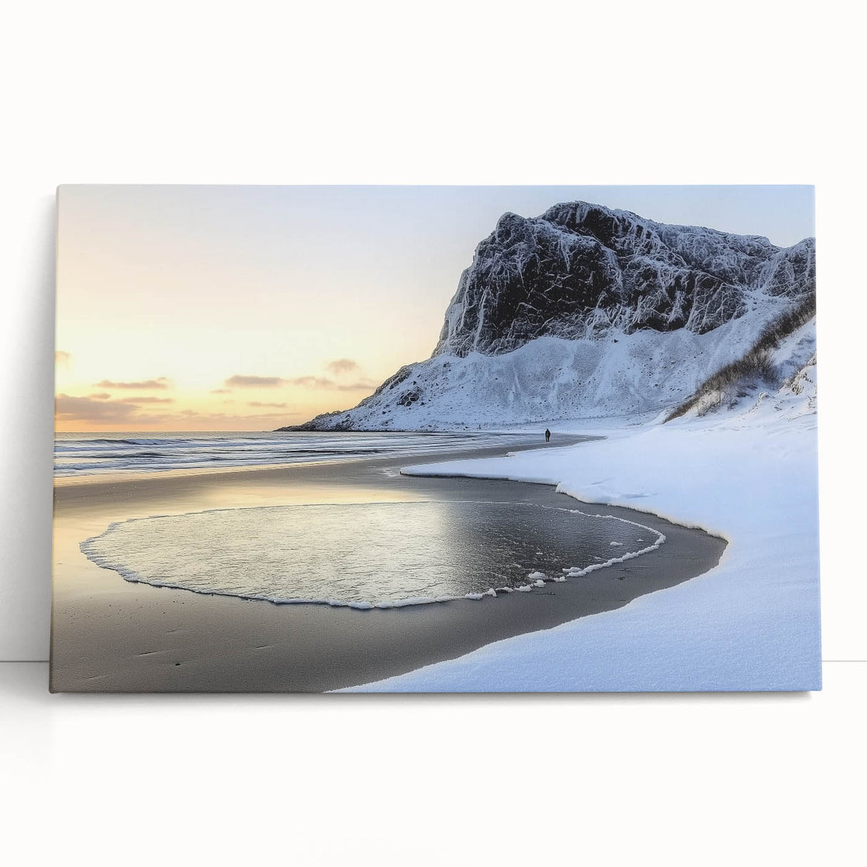 Stretched canvas artwork depicting a serene beach landscape with vibrant colors, perfect for home decor. The scene features gentle waves and a clear sky, enhancing any room's ambiance.