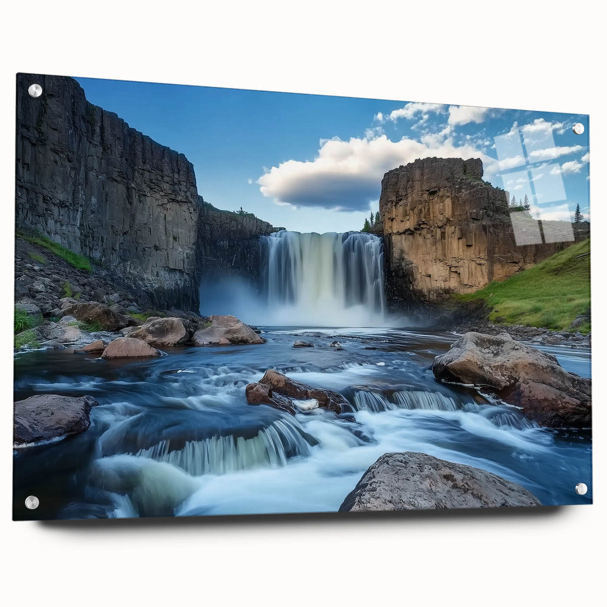 Landscape acrylic artwork depicting vibrant canyons with a side view showcasing intricate details and vivid colors, mounted with decorative pins for display.
