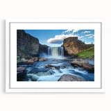 Landscape artwork featuring vibrant canyons, framed with a sleek white mat, showcasing bold colors and intricate details, perfect for home decor or office spaces.