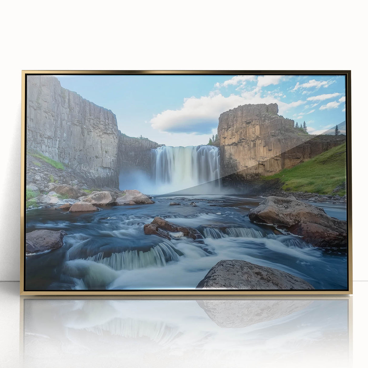 Framed acrylic landscape artwork depicting stunning golden canyons under a clear sky, ideal for enhancing modern home decor with natural beauty.