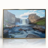 Framed acrylic landscape artwork depicting stunning golden canyons under a clear sky, ideal for enhancing modern home decor with natural beauty.