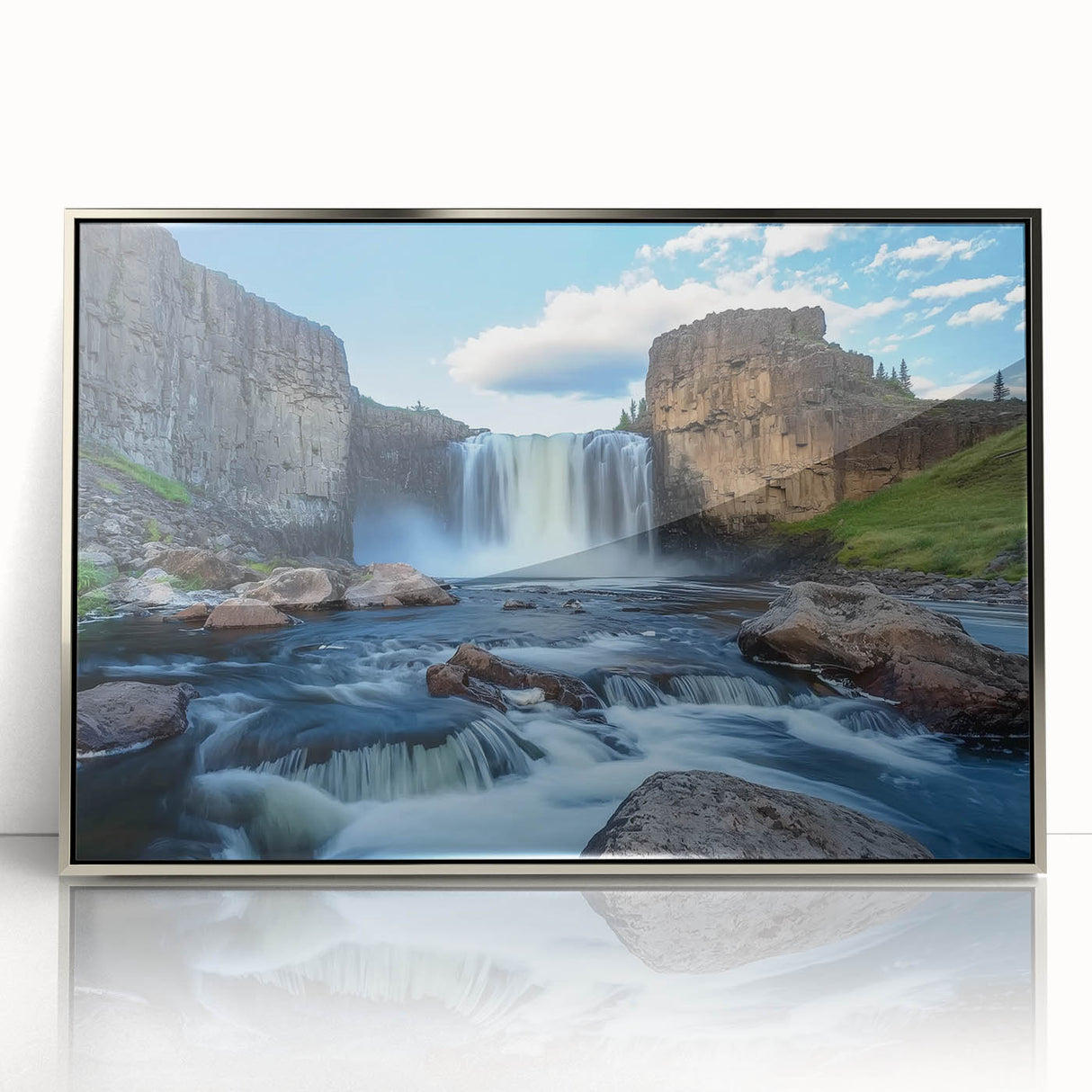 Framed acrylic artwork showcasing a stunning landscape of canyons, featuring rich earth tones and intricate details, perfect for modern home decor.