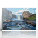 Framed acrylic landscape art depicting dramatic canyons with vibrant colors, set in a sleek white frame, perfect for modern home decor and gallery walls.