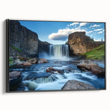 Framed canvas artwork depicting a stunning landscape of canyons, featuring rich earth tones and dramatic rock formations, showcased from a black side view. Ideal for enhancing home decor with natural beauty.