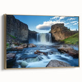 Framed landscape canvas showcasing a vibrant canyon scene with rich gold accents, perfect for adding elegance to any home decor or art collection.