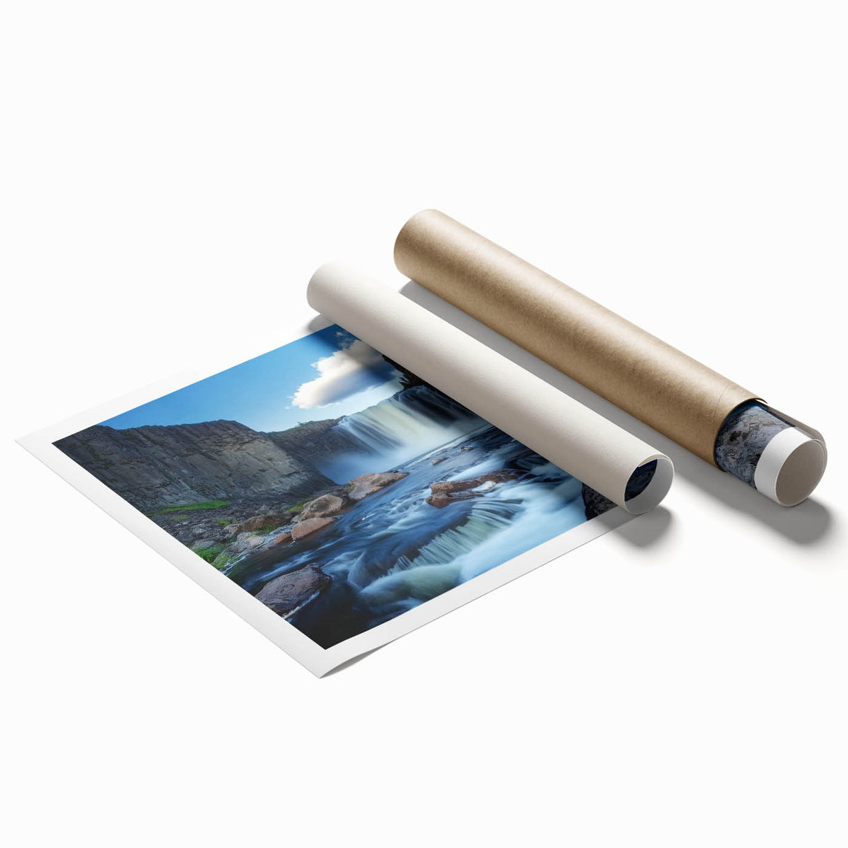 Vibrant landscape artwork of canyons in warm earth tones, elegantly rolled for easy display. Ideal for home decor, this print captures the beauty of nature.