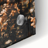 Large abstract wall art in warm autumn hues on acrylic glass, depicting a mid-century modernist style.