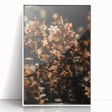 Art deco poster featuring a stylized fall landscape with warm orange and yellow tones on a framed acrylic.