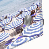 Large abstract wall art in vibrant orange and blue tones on acrylic glass, ideal for dining room ambiance.