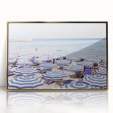 Large art print of a mid-century modernist summer scene in acrylic, with muted gold and blue hues.