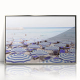 Mid-century modernist art print featuring geometric shapes in pastel shades on a silver-framed acrylic.