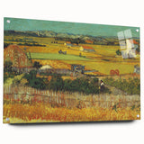 Acrylic print of a Van Gogh-inspired abstract painting in bold blue and yellow tones.