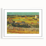 Textured abstract art print depicting swirls in shades of blue and yellow on a white framed canvas.